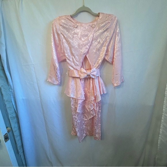 Vintage 80s All That Jazz Pink Peplum Dress w/ Belted Bow | Size 3/4 🇺🇸 - Picture 6 of 11